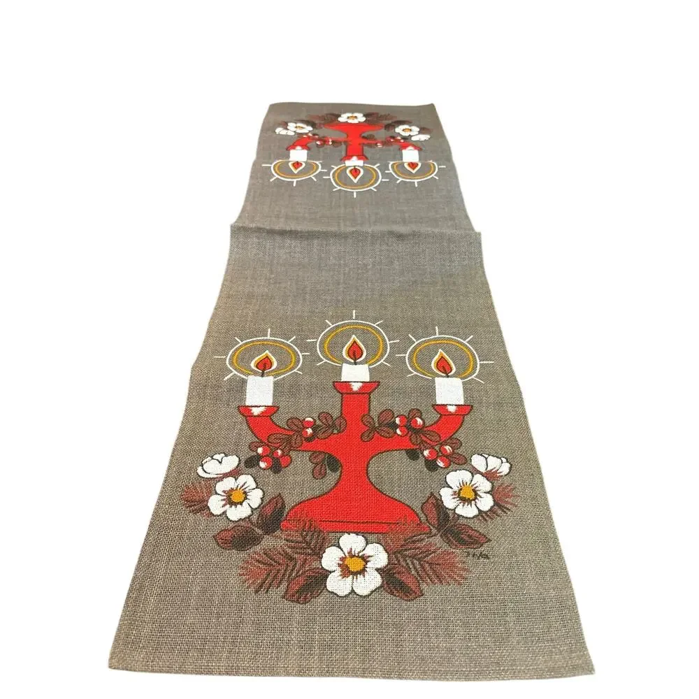 Painted - Brown Burlap Table Runner Holiday Scandinavian Table Runner 38x12